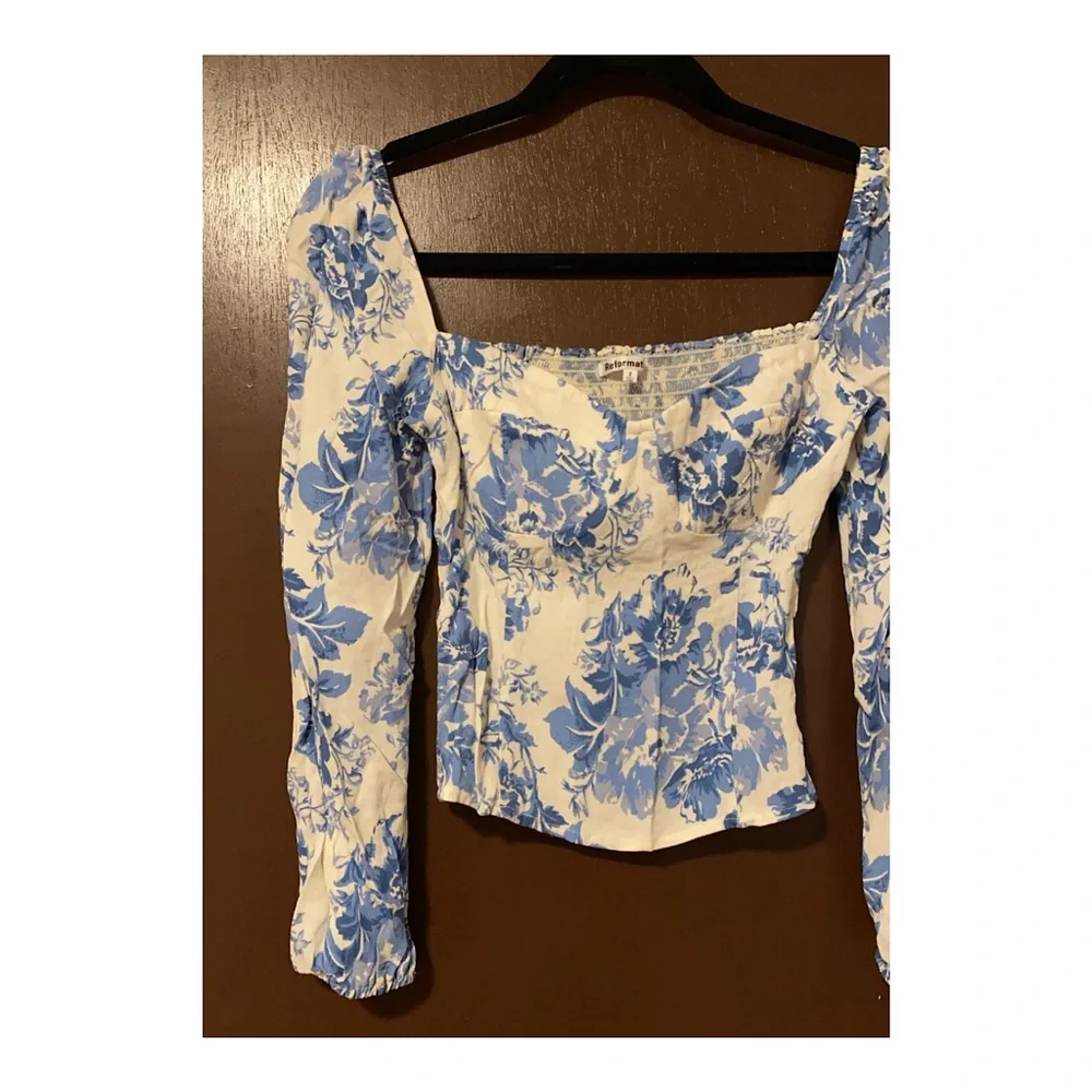 Reformation Reign Top Olympia White Blue Floral Smocked Long Sleeve in size 2 - Picture 4 of 15